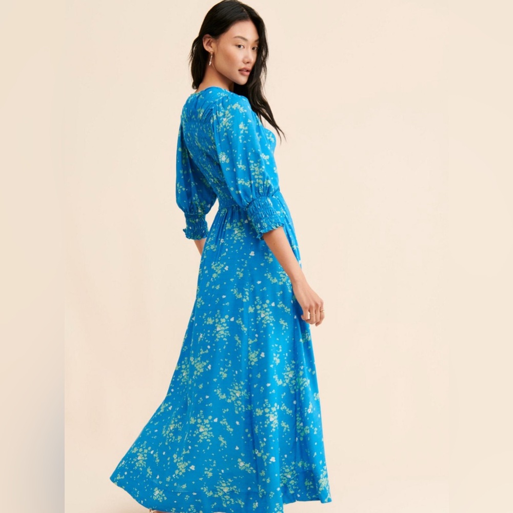 Free People Vibrant Blue Floral Long Sleeve Dress cutout button tie dress - Picture 3 of 10